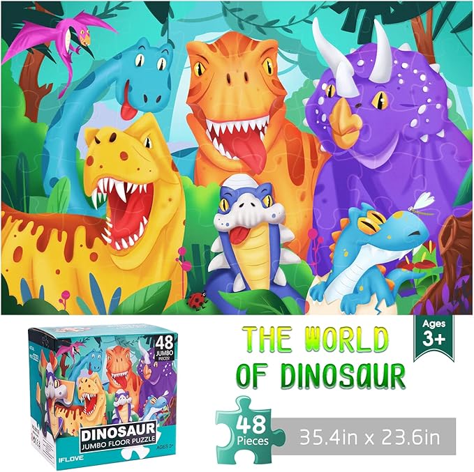 Jumbo Floor Puzzle for Kids Dinosaur Jigsaw Large Puzzles 48 Piece Ages 3-6 for Toddler Children Learning Preschool Educational Intellectual Development Toys 4-8 Years Old Easter Gift for Boy and Girl