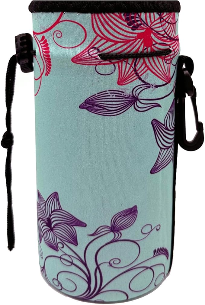 Neoprene Sleeve Bottle Carrier, Portable Insulator Cover - Drawstring Insulator for 18/20 Oz Water Bottle (Flower)