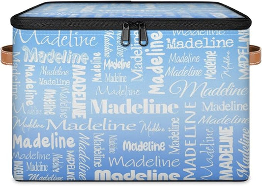 Custom Storage Basket with Name, Personalized Storage Bins with Zipper Lid, Foldable Fabric Storage Box Large capacity with Handle Blue