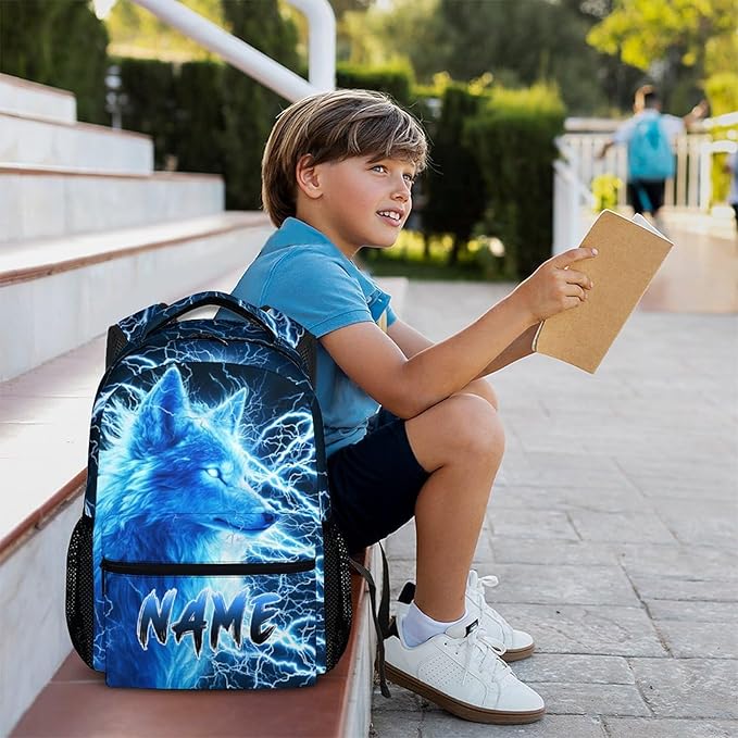 Custom Wolf Backpack for Boys Kids - 17 Inch Personalized Lightning Backpack for School Kindergarten Elementary Primary Senior Middle - Durable Cool Schoolbag with Name