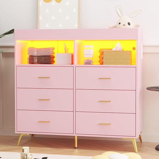 GarveeHome Dresser for Bedroom with 6 Drawers, Baby Changing Table Dresser with Changing Pad, LED Lights & Charging Station, Baby Changing Station with Changing Table Top, Pink