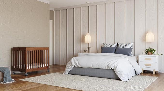 Foundations Boutique Folding Mini Baby Crib - Compact, Portable, Wooden Hotel Crib, Foldable Compact Cribs for Baby & Toddlers - Includes 3" Foam Mattress - Cherry