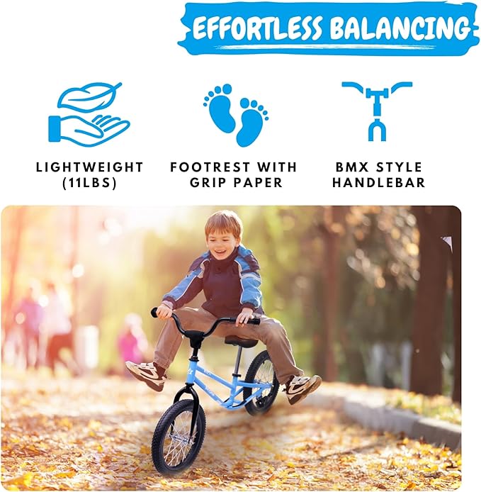 16 Inch Kids Balance Bike for 5-8 Year Old, BMX Kids Bike with No Pedals, Air Rubber Tires, Footrests, Adjustable Height for Big Kids, Boys, Girls