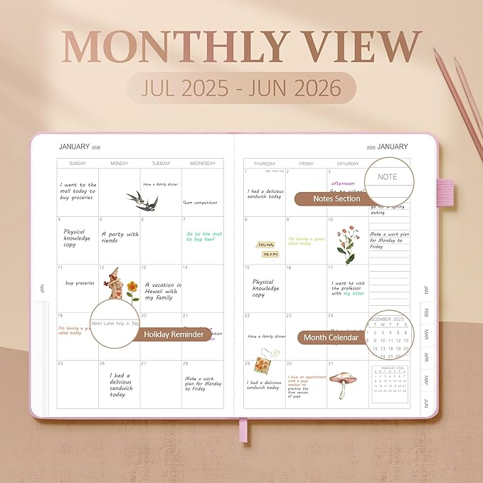 Planner 2025-2026, Academic Linen 2025-2026 Monthly Planner July 2025 to June 2026, Weekly & Daily Organizer with Tabs, Note Pages, Hardcover 5.65" x 8.15"- Ideal for School, Work & Productivity-Pink