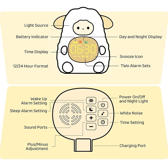 Sheep Alarm Clock with Night Light for Kids with Sleep Training and Sound Machine, Rechargeable Silicone Lamp OK to Wake Clock，Cute Animal Tabletop Lamp, Perfect Sleep Companion for Boys Girls, Khaki