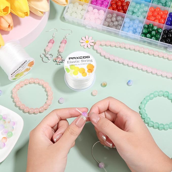 PAXCOO 4 Rolls Elastic String for Bracelets, Stretch Magic Elastic String Bead Cord Jewelry Thread for Bracelet, Necklaces, Clay Beads, Pony Beads (White)