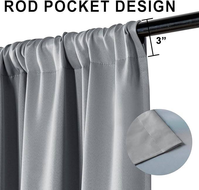 XWZO Total Blackout Curtains 63 Inches Long - Double Layer Full Room Darkening & Energy Efficiency Rod Pocket Window Panels with Tiebacks for Living Room/Bedroom, Grey, W52 x L63, Set of 2