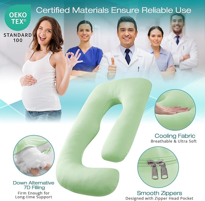 Sasttie Pregnancy Pillows for Sleeping, U Shaped Cooling Full Body Pillow with Removable Cover, Pregnant Women Must Haves, Maternity Essential, Light Green