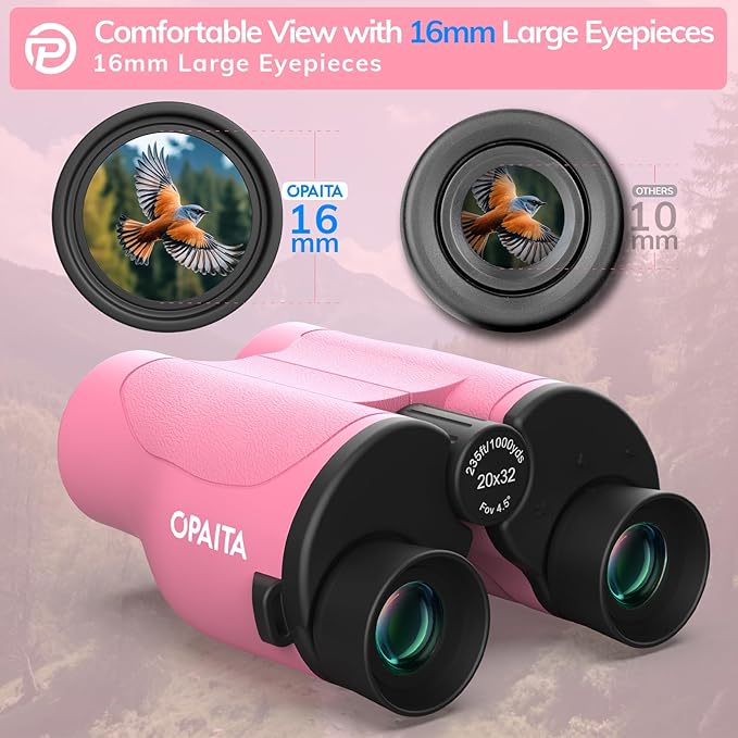 Compact Binoculars for Adults High Powered - OPAITA 20x32 Small Binoculars for Adults Kids with Low Light Vision for Hunting Cruise Ship Travel Concert Hiking Pink