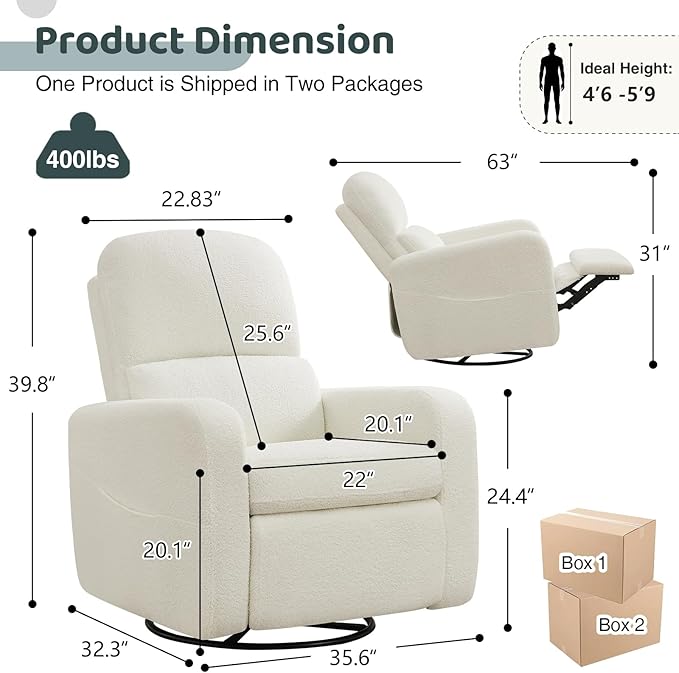 Swivel Rocker Recliner, Oversized Boucle Glider Recliner Nursery, Manual Swivel Rocking Reclining Chairs with Removable Cushion and Lumbar Support for Nursery Living Room Bedroom, Teddy White