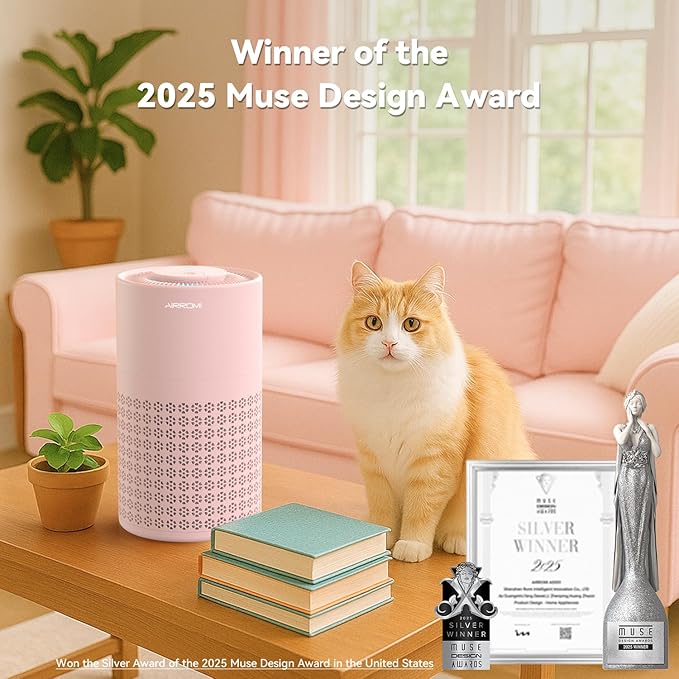 AIRROMI Air Purifier for Bedroom with HEPA 3-in-1 Filter, Pet Air Purifier for Home Cat Pee Smell, Covers Upto 990 Ft², Quiet 360° intake Air Cleaner for pet hair,allergies,Dust,Smoke A2001 Pink