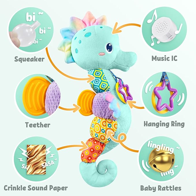 LIGHTDESIRE Baby Toys Musical Seahorse,Infant Stuffed Animal Toys with Crinkle and Rattles,Soft Sensory Toys with Textures for Tummy Time Newborn Boys Girls 0 3 6 12 Months(Blue)