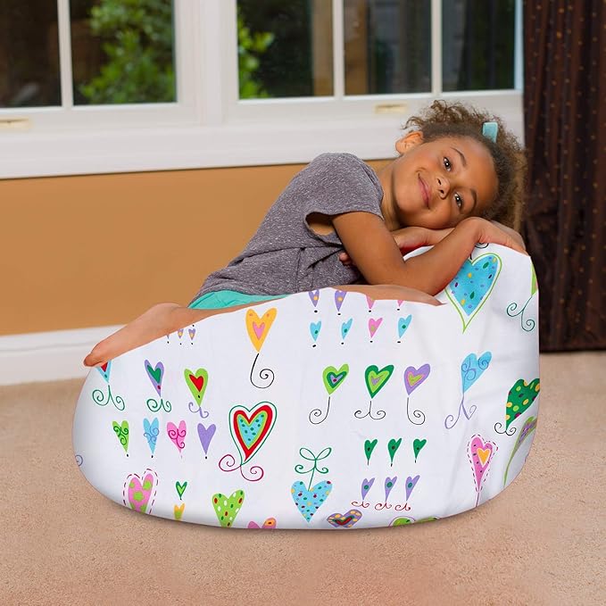 Posh Creations Bean Bag Chair for Kids, Teens, and Adults Includes Removable and Machine Washable Cover, Canvas Multi-Colored Hearts on White, 27in - Medium