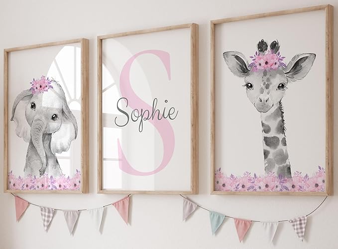 Safari Animals Girls Nursery Bedroom Unframed Set of 3 Poster Prints, Personalized Name Pink or Purple Flowers Wall Art Decor New Baby Gift Present, Elephant Giraffe Panda Zebra Lion (12x16)
