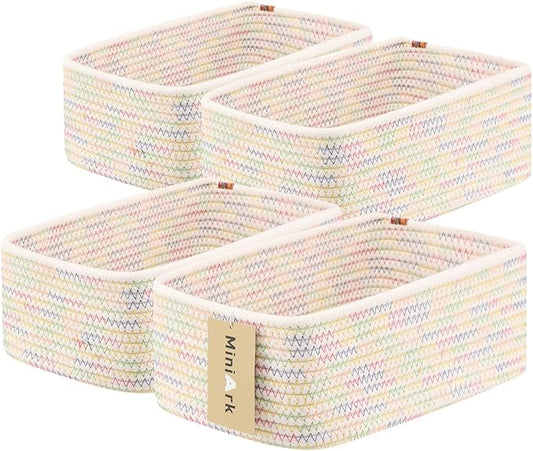 Small Storage Baskets for Organizing | Closet Organizer Bins | Shelf Toy Basket | Woven Rope Baskets | Cube Decorative Box | Shallow Basket | 11.5x7.5x4.7” | 4 Packs Rainbow