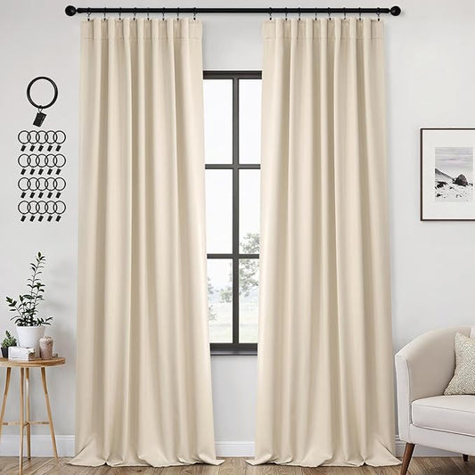 ANRODUO Back Tab Blackout Curtains for Bedroom Living Room, Rod Pocket Pinch Pleated Thermal Insulated Room Darkening Curtains 96 Inches Long 2 Panels, Cream Beige, 42 x 96 Inch