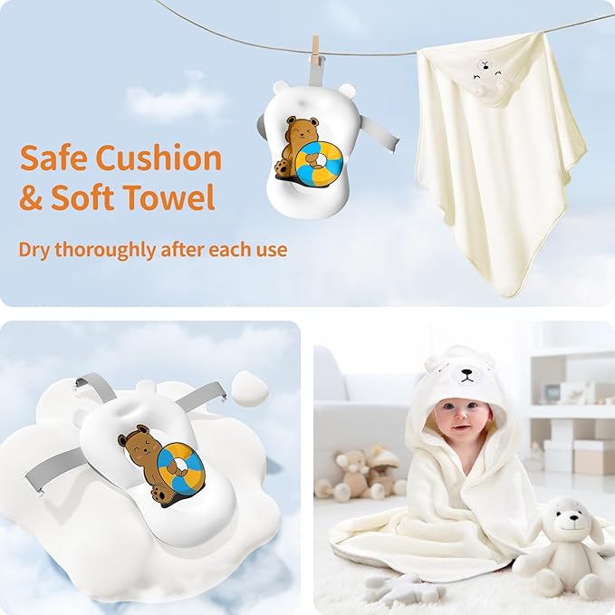 Collapsible Baby Bathtub with Soft Towel and Floating Cushion, Infant Bathtub for Newborn to Toddler (0-18 Month), Portable Baby Bath Tub for Travel (Brown Bear)
