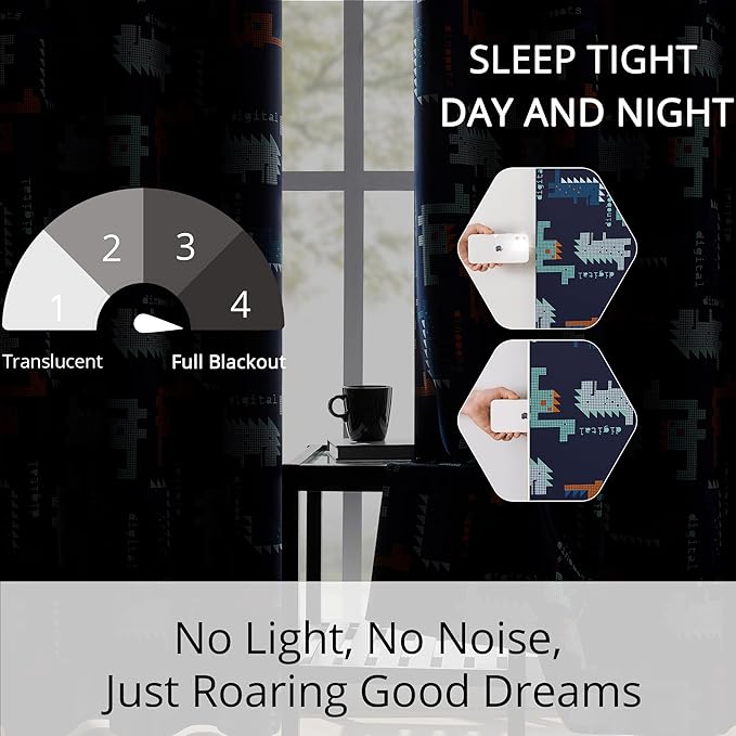 Kids Blackout Curtains - Pixel Dinosaur Curtains, 100% Blackout, 2 Panels, Each W52×L63, Thermal Insulated, Noise Reducing for Kids Bedroom, Bring a Playful and Retro Touch to Your Child’s Room