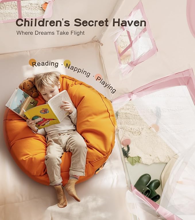 Large Kids Tent with mat, Star Lights, Tissue Garland, Play Tent Indoor & Outdoor, Kids Play Tent for Girl & Boy Aged 3+, Kids Tent for Toddler, 52" x35" x 52" Play House with Windows, Washable, Pink