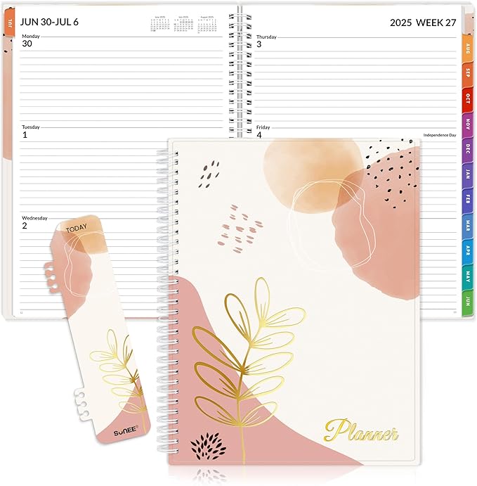 SUNEE Academic Planner 2025-2026 Weekly and Monthly, July 2025-June 2026, 8.5"x11", Tabs, Note Pages, Pockets, Bookmark, Flexible Cover, Spiral Binding, Blushing Abstract Breeze