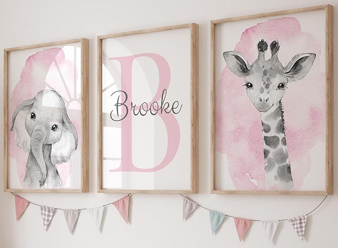 Safari Animals Set of 3 Unframed Poster Prints for Baby Girls Nursery Bedroom Playroom, Personalized Name, Choice of 12 Animals, Pink Purple (17x22)