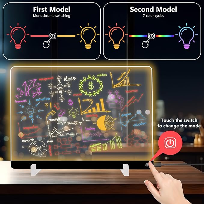 Led Drawing Board for Kids with Stand, Small White Board 14.5"X10.6" 7 Colors Acrylic Dry Erase Board with Light, LED Note Board with Colors, Touch Control, 8 Markers,as Night Light for Festival/Gift