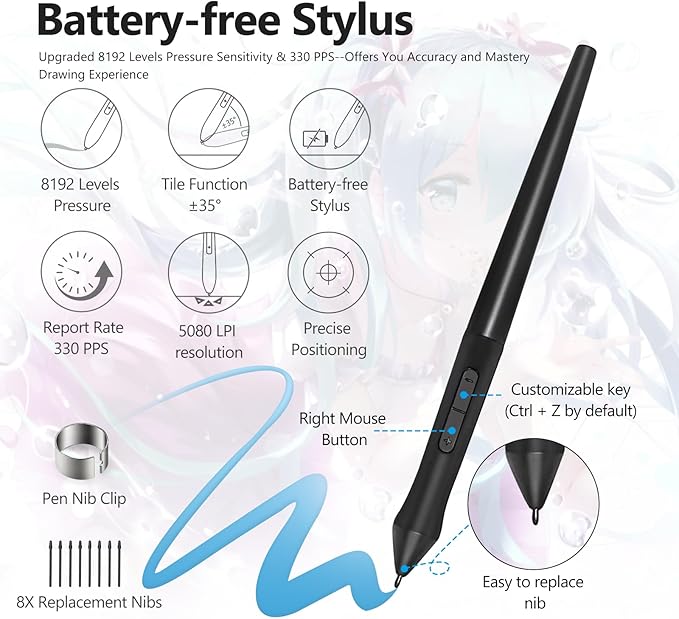 T906 Graphics Drawing Tablet, 10x6.25 Inch Digital Art Tablet with 8192 Pressure Sensitivity Battery-Free Stylus, 10 Shortcut Keys, Ultra-Thin Pen Tablet for Mac, Windows PC and Android