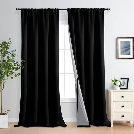 XWZO 100% Blackout Curtains - Extra Long Rod Pocket Thermal Insulated Black Liner Curtains, Noise Reducing and Heat Blocking Drapes for Bedroom with Tiebacks, Black, W52 x L108, Set of 2