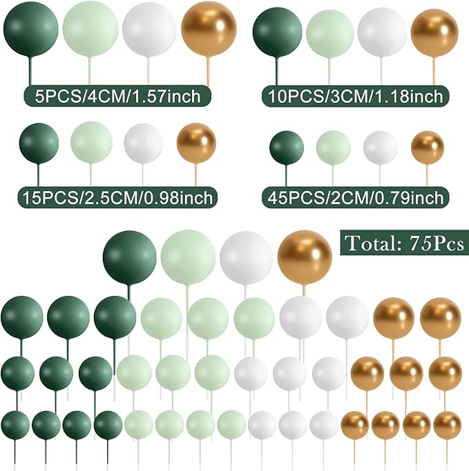 75 Pcs Cake Balls Topper Decorations Foam Cupcake Topper Mini Balloon Cake Topper Balls Cake Picks for Cake Deco Birthday Party Wedding（Green,Gold, White）