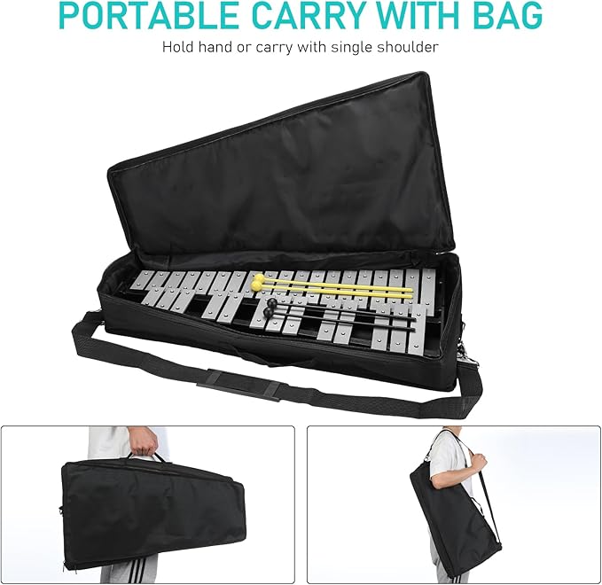 32 Note Glockenspiel Xylophone Percussion Kit with Height Adjustable Stand, Drumsticks and Carry Bag