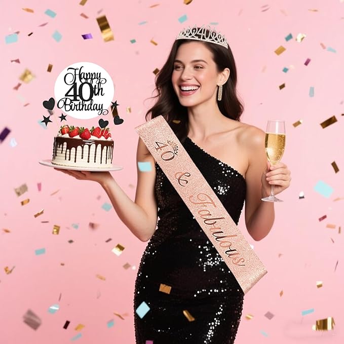 40th Birthday Decorations for Women - 56pcs Rose Gold Happy 40th Banner, 40th Birthday Crown Sash, Cake Topper, Number 40 balloons, 3D Butterflies, 4 Balloon Stands kits