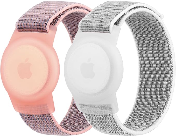 Kids Wristband Protective Case Compatible with Apple AirTag, Adjustable Nylon Bracelet for Air Tag GPS Tracker Holder with Anti Lost Watchband for Toddler Child Kids (Pink+Grey)