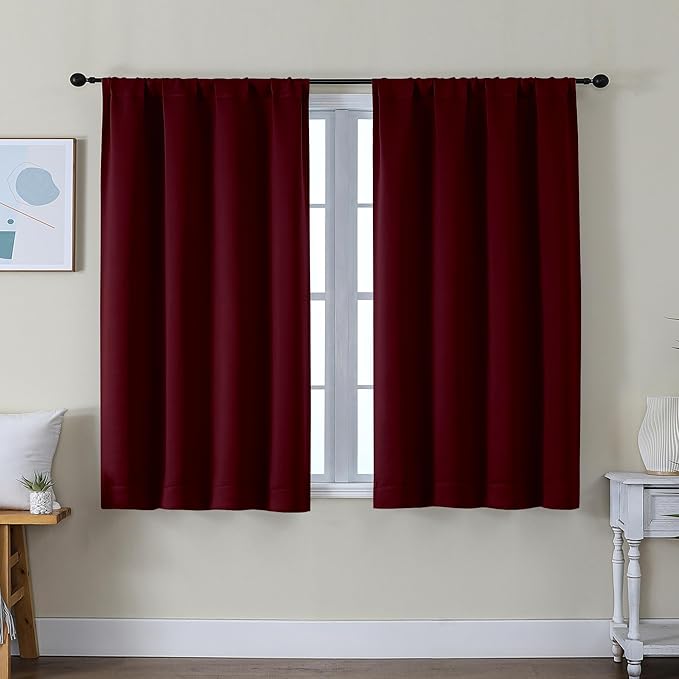 Simplebrand Ava Burgundy Short Blackout Curtains for Bedroom 45 Inches Long 2 Panels Set, Solid Thermal Insulated, Energy Saving Window Treatment Curtains Blackout Drapes, W40 x L45 Inch, Burgundy