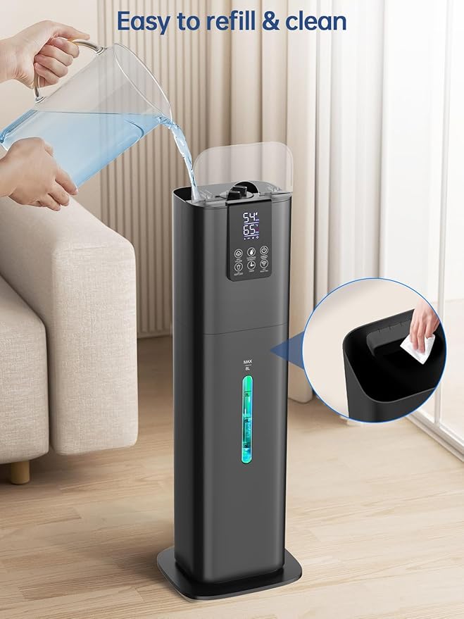 8L Smart Humidifiers for Bedroom Large Room, 2.1Gal Cool Mist Top Fill Diffuser Ambient Light, App & Remote Control, 3 Mist Modes, Quiet Humidifier for Home Office Plant (Black)
