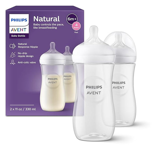 Philips Avent Natural Baby Bottles with Natural Response Nipples (Fast Flow, Flow 4), 11oz, 2-Pack, SCY906/02