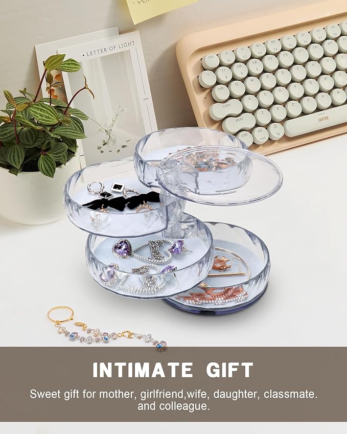 CONBOLA Acrylic Jewelry Organizer, Small Storage Box Jewelry Earring Holder for Women, 5-Layer Rotating Travel Jewelry Tray Case with Lid for Bracelet