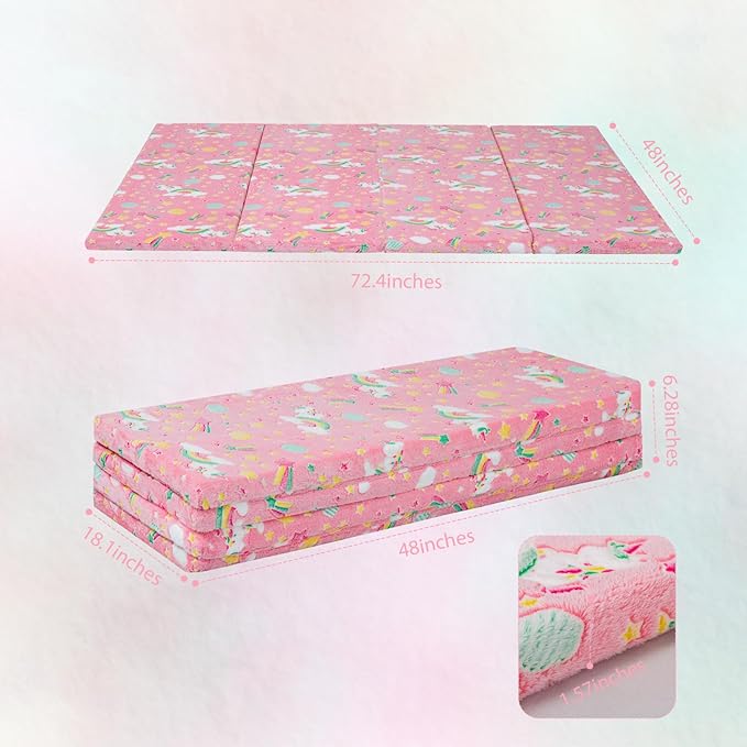 MeMoreCool Kids Floor Futon Mattress Large 6x4 FT, Thicken Foam Tatami Mattress for Children Play Area, Foldable Sleeping Pad Crawling Tatami Mat for Playroom, Pink Rainbow