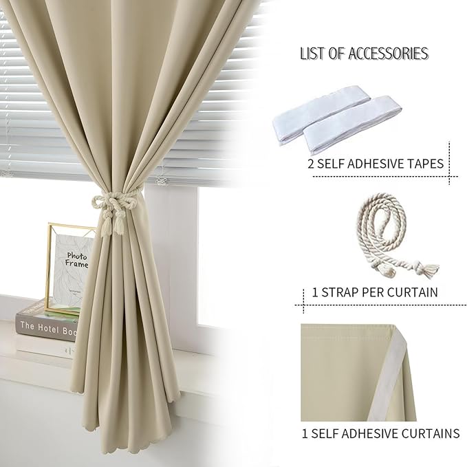 Self Adhesive Portable Blackout Curtains for Bedroom Easy to Install Window Thermal Lnsulated Kitchen Room Darkening Small Window Curtains, Cortinas Para Cuarto, 35"W X 79"L, Beige, 1 Panel