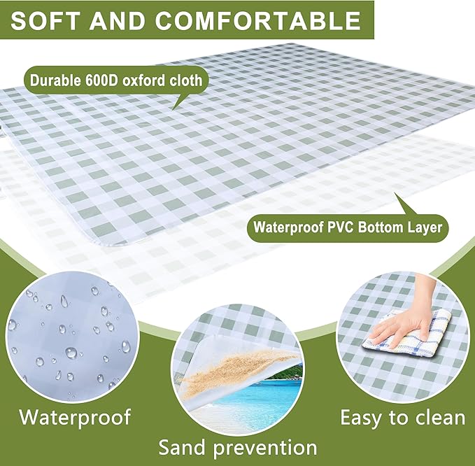 80"x60" Waterproof Sandproof Picnic Mat - Portable Foldable Outdoor Blanket for Beach, Park, Travel & Indoor Use - Lightweight Compact Design, Easy-Carry (Green&White)