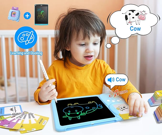 Rylai Toddler Toys Talking Flash Cards, Kindergarten Learning Resources 510 Sight Words with Drawing Tablet for Speaking Doodling, Sensory Toys for Kids with Autism, Boys Girls 2 3 4 5 6, Blue