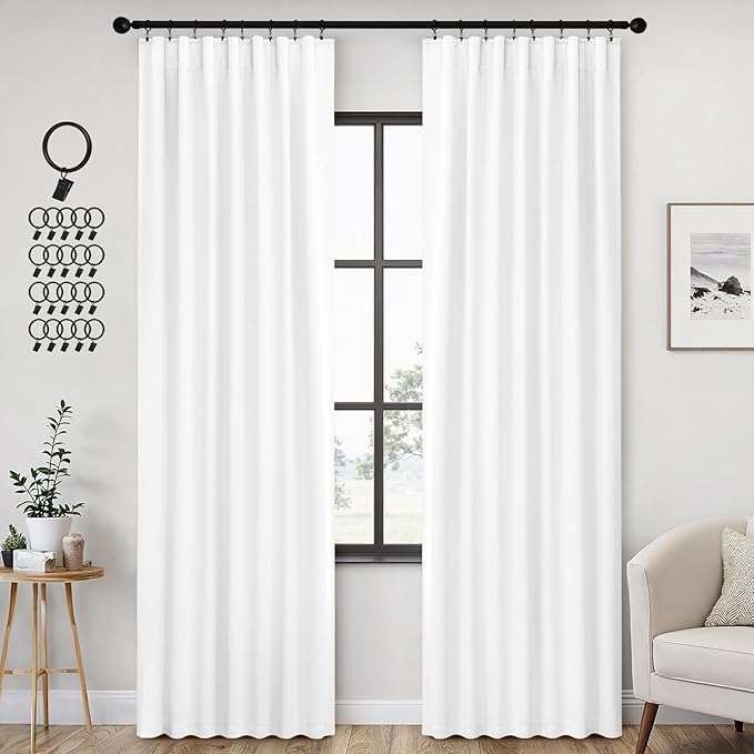 ANRODUO Back Tab Blackout Curtains for Bedroom Living Room, Rod Pocket Pinch Pleated Thermal Insulated Room Darkening Curtains 90 Inches Long 2 Panels, White, 42 x 90 Inch