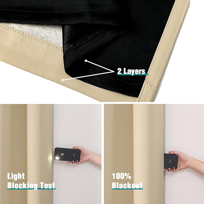 ChrisDowa 100% Blackout Curtains 102 inch Long for Bedroom with Black Liner, 2 Thick Layers Total Blackout Thermal Insulated Grommet Window Curtains 2 Panels Set (Beige, 52 x 102 Inch)