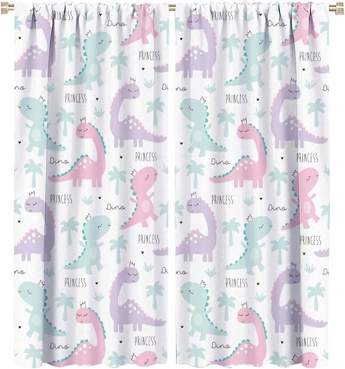 Kids Dinosaur Curtains for Boys Girls Bedroom Decor Cartoon Dino Colorful Cute Funny Animal Wildlife Printed Blackout Rod Pocket Window Drapes for Baby Nursery Playroom W27.5xL63in 2 Panels