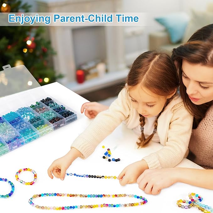 XSEINO About 1200pcs 6mm Crack Glass Beads Bracelet Making Kit,24 Assorted Crackle Oceanic Blue Series Colorful Crystal Beads for Bracelet,Jewelry Making,DIY Crafts,Friendship Bracelets