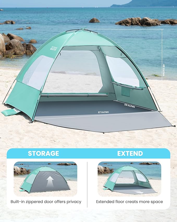 OutdoorMaster Beach Tent for 3/4 Person - Easy Setup Sun Shade Shelter, Portable Beach Shade Sun Canopy with UPF 50+ UV Protection, Removable Skylight Family Size