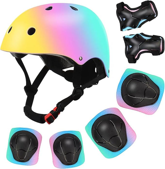 Color Gradient Adjustable Kids' Helmet with Knee & Elbow Pads Set | Multi-Sport Safety Gear for Boys & Girls Ages 5-14 | Skateboarding, Scooters, Roller & Inline Skating, Longboarding