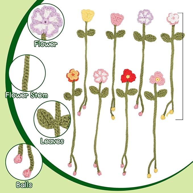 WaldyWop Crochet Kit for Beginners - 8 Flower Bookmarks Knitting Kit w/Step-by-Step Video Tutorials & Soft Yarn, Hook - Wobbles DIY Art Craft Kit for Adults Kids, Birthday Gifts for Women Girls Teen