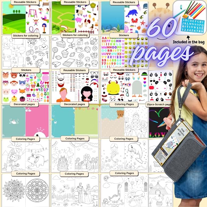 Activity Book for Girls and Boys - Premium Case Includes Large 60-page - 420 Stickers, Rainbow Scratch Papers, Reusable Stickers, Coloring Pencils, Numbers and Letters Stencil - Educational Toys Gift
