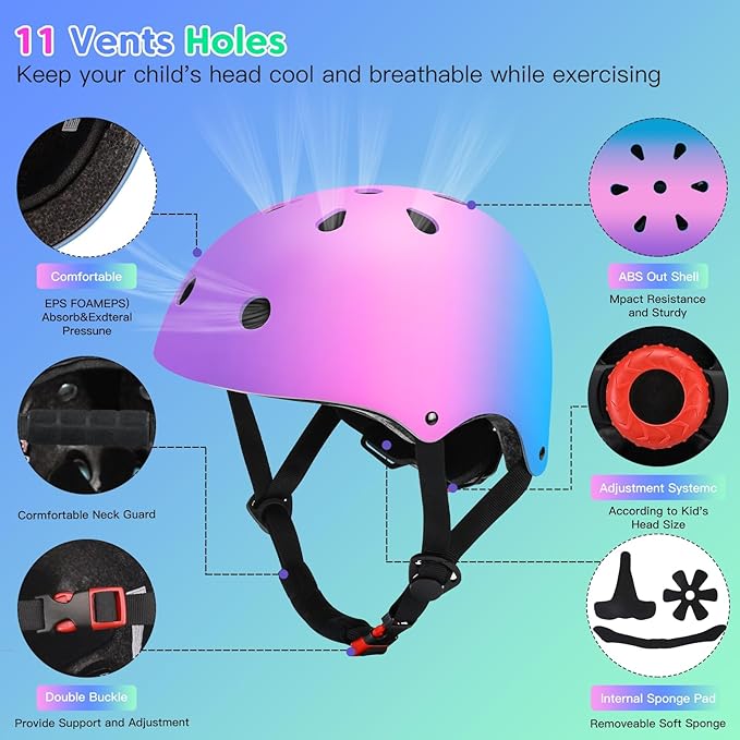 Color Gradient Adjustable Kids Bike Helmet Toddler Skateboard Helmets Boys Girls Child Ventilation Helmet for Multi-Sports Skating Cycling Scooter Balance
