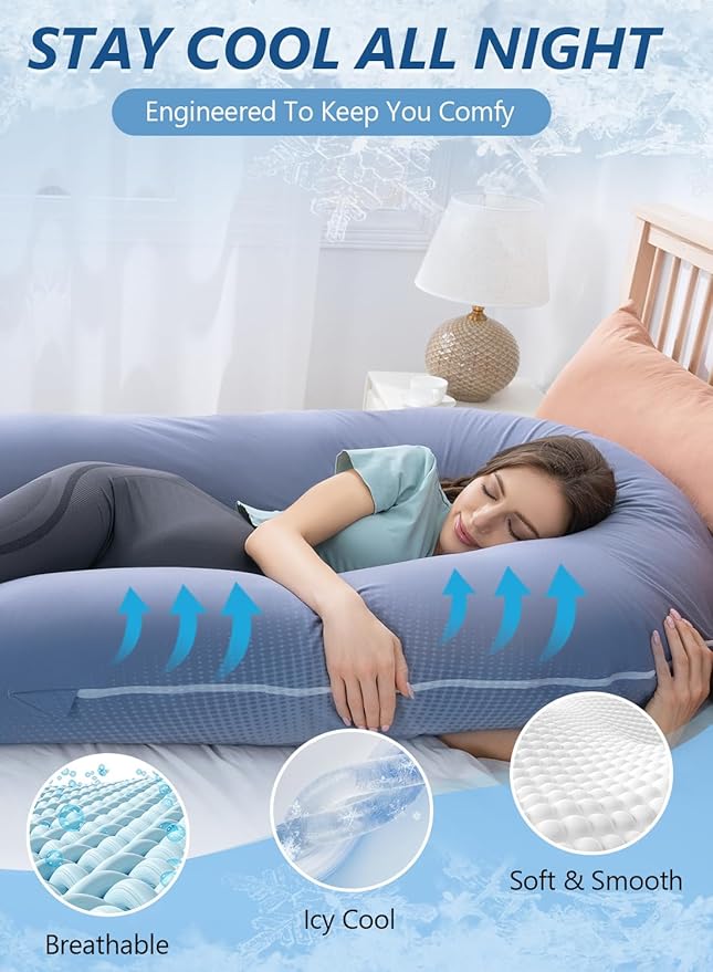 Meiz Pregnancy Pillows, Cooling Silky Pregnancy Pillows for Sleeping, 65" U Shaped Full Body Maternity Pillow for Pregnant Women, with Washable Jersey Cotton Cover, Blue